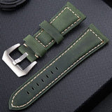 Crazy-Horse-Layer-Frosted-Silver-Buckle-Watch-Leather-Watch-Band,-Size:-24mm-(Army-Green)