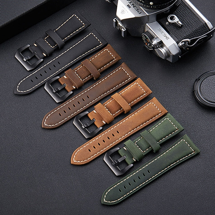 Crazy-Horse-Layer-Frosted-Silver-Buckle-Watch-Leather-Watch-Band,-Size:-24mm-(Army-Green)