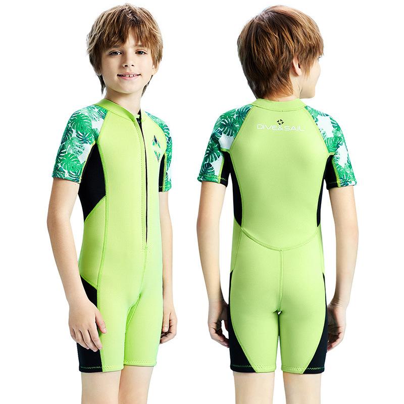 DIVE-&-SAIL-2.5MM-Children-Warm-Wetsuit-Short-Sleeve-One-piece-Thickened-Swimsuit,-Size:-S(Green)
