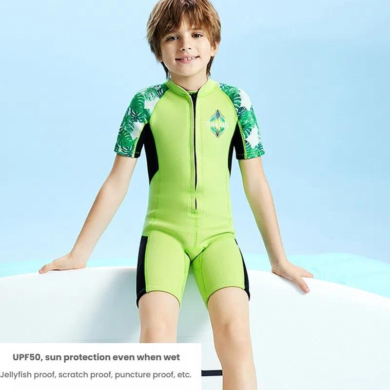 DIVE-&-SAIL-2.5MM-Children-Warm-Wetsuit-Short-Sleeve-One-piece-Thickened-Swimsuit,-Size:-S(Green)