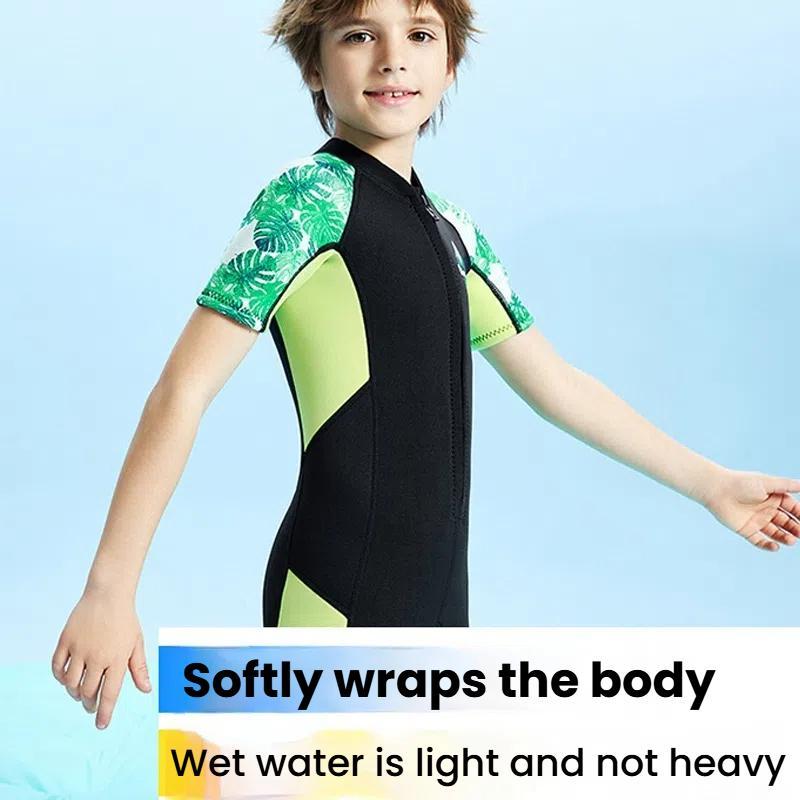 DIVE-&-SAIL-2.5MM-Children-Warm-Wetsuit-Short-Sleeve-One-piece-Thickened-Swimsuit,-Size:-S(Green)