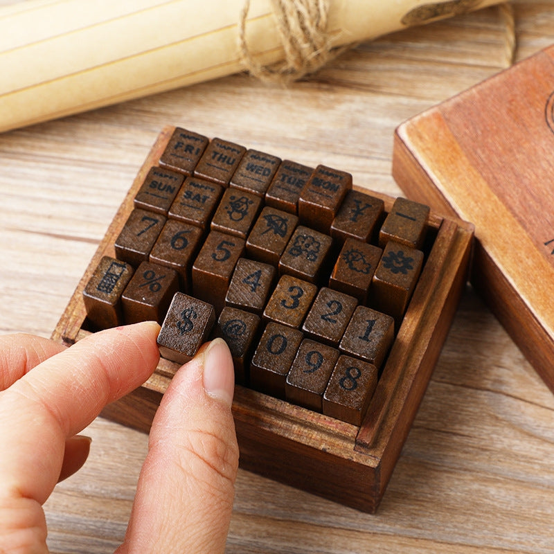 E13-28PCS/Set-Vintage-Wooden-Alphabet-and-Number-Diary-Handbook-DIY-Stamps(Regular-Capital)