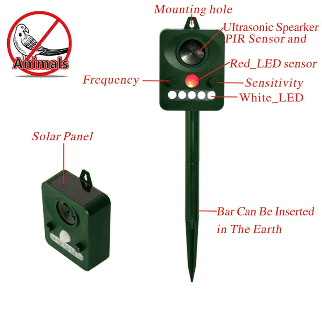 Environmental-Friendly-White-+-Red-Light-Solar-powered-LED-Ultrasonic-Animal-Repeller-Bird-Cat-Dog-Control-Device-With-6.5V-/-0.1W-Solar-Panel-&-PIR-Sensor-&-Light-Sensor,-Got-the-CE-/-ROHS-Certification