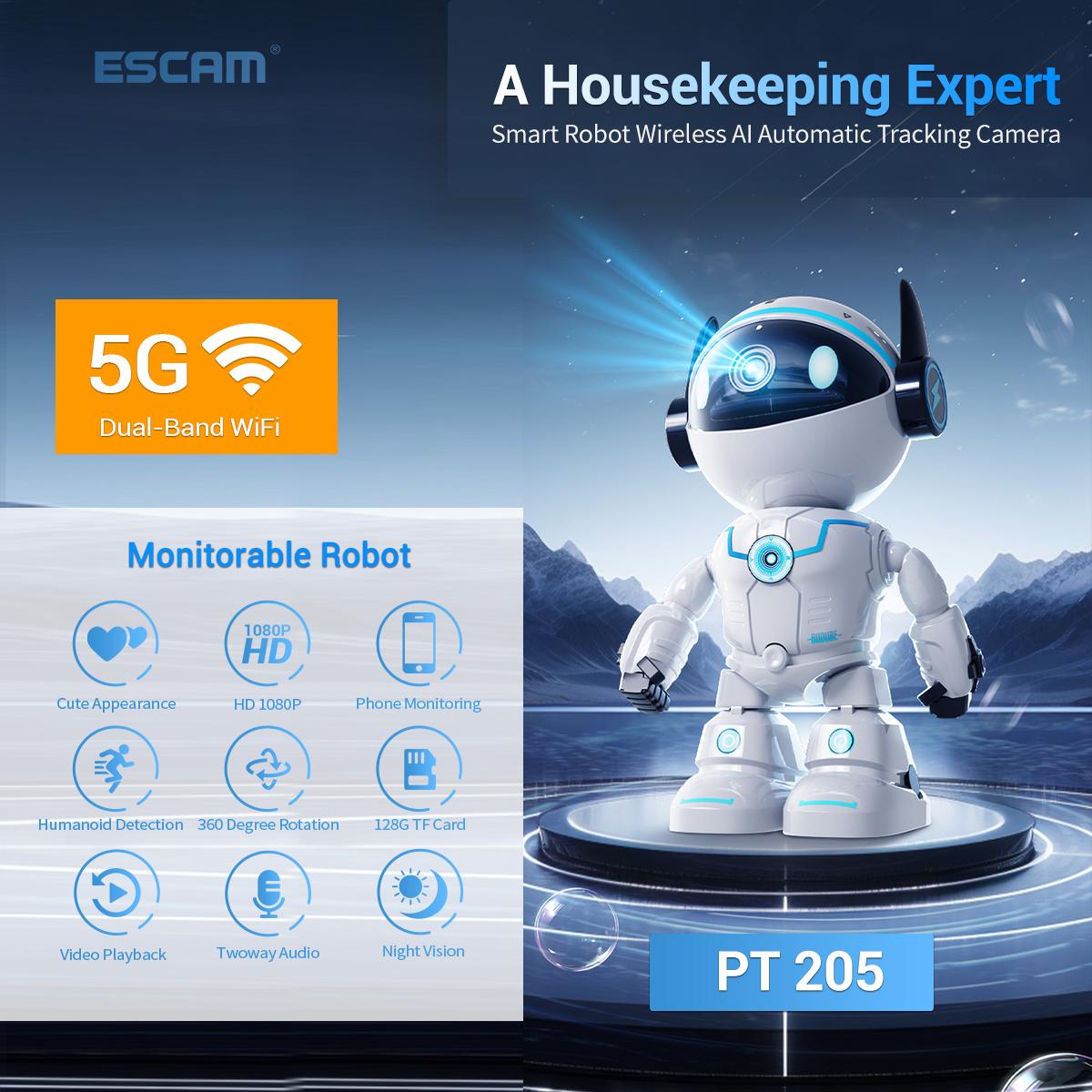 ESCAM-PT205-5G-WiFi-Smart-Robot-Wireless-AI-Automatic-Tracking-Camera,-Two-Way-Audio-/-Night-Nersion,-Plug:EU-Plug(White)