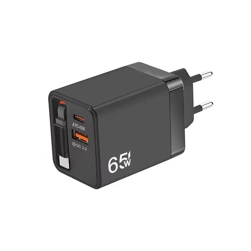 FC1-3-in-1-70cm-Retractable-Type-C-Cable,-PD3.0,-QC3.0-USB-Phone-Charger,-EU-Plug(Black)