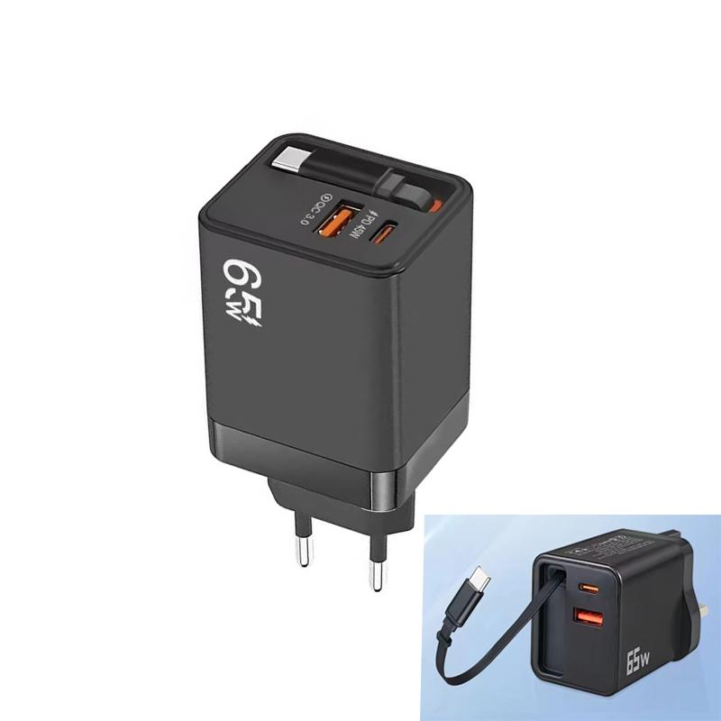 FC1-3-in-1-70cm-Retractable-Type-C-Cable,-PD3.0,-QC3.0-USB-Phone-Charger,-EU-Plug(Black)