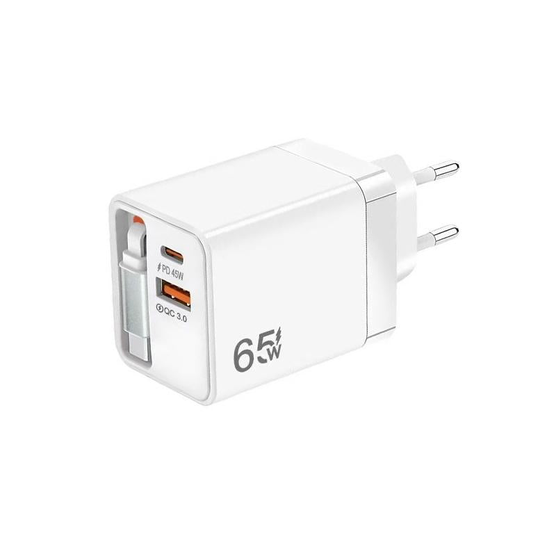 FC1-3-in-1-70cm-Retractable-Type-C-Cable,-PD3.0,-QC3.0-USB-Phone-Charger,-EU-Plug(White)