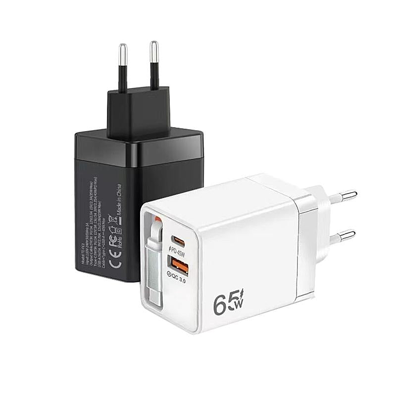 FC1-3-in-1-70cm-Retractable-Type-C-Cable,-PD3.0,-QC3.0-USB-Phone-Charger,-EU-Plug(White)