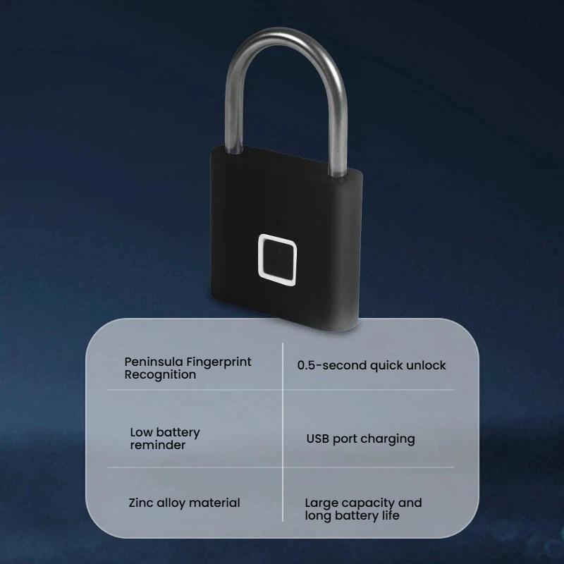 Fingerprint-Padlock-Compatible-Tuya-Smart-App,-30-Fingerprint-Capacity,-USB-C-Rechargeable,-Zinc-Alloy-Body(Square-Black)