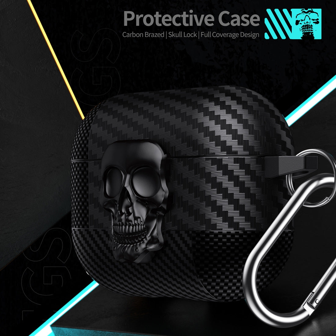 For-AirPods-4-Carbon-Fiber-Pattern-Skull-Lock-Bluetooth-Earphone-Protective-Case(Gold)