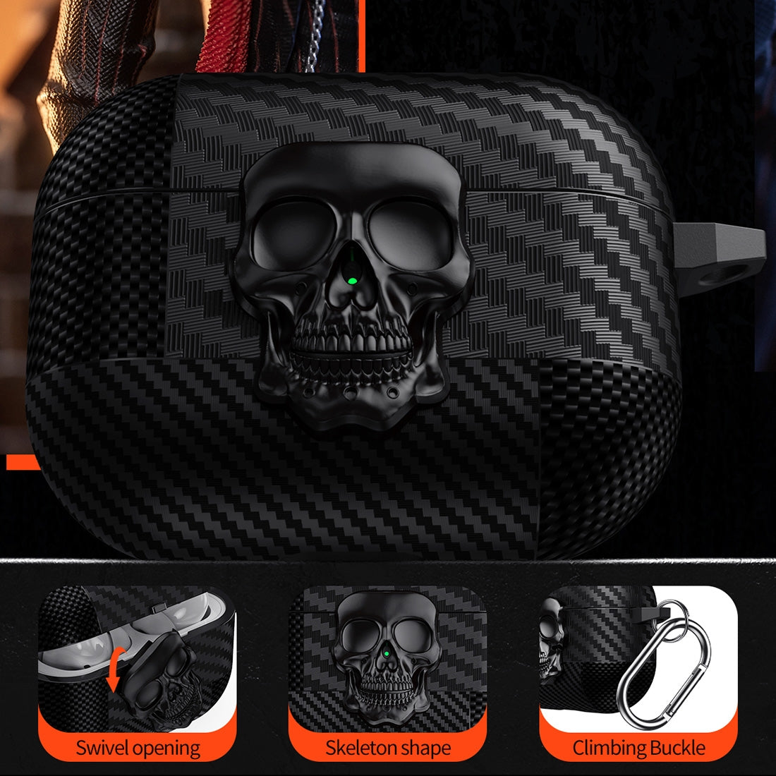 For-AirPods-4-Carbon-Fiber-Pattern-Skull-Lock-Bluetooth-Earphone-Protective-Case(Gold)