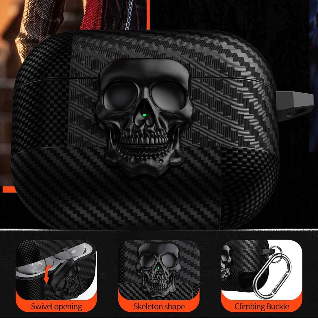 For-AirPods-4-Carbon-Fiber-Pattern-Skull-Lock-Bluetooth-Earphone-Protective-Case(Gold)