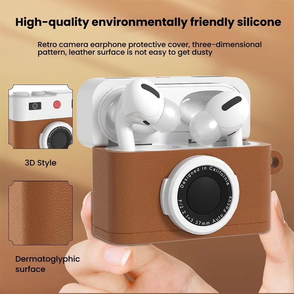 For-AirPods-Pro-/-Pro-2-Earphone-Silicone-Retro-Camera-Design-Cover-Protective-Case(Brown)