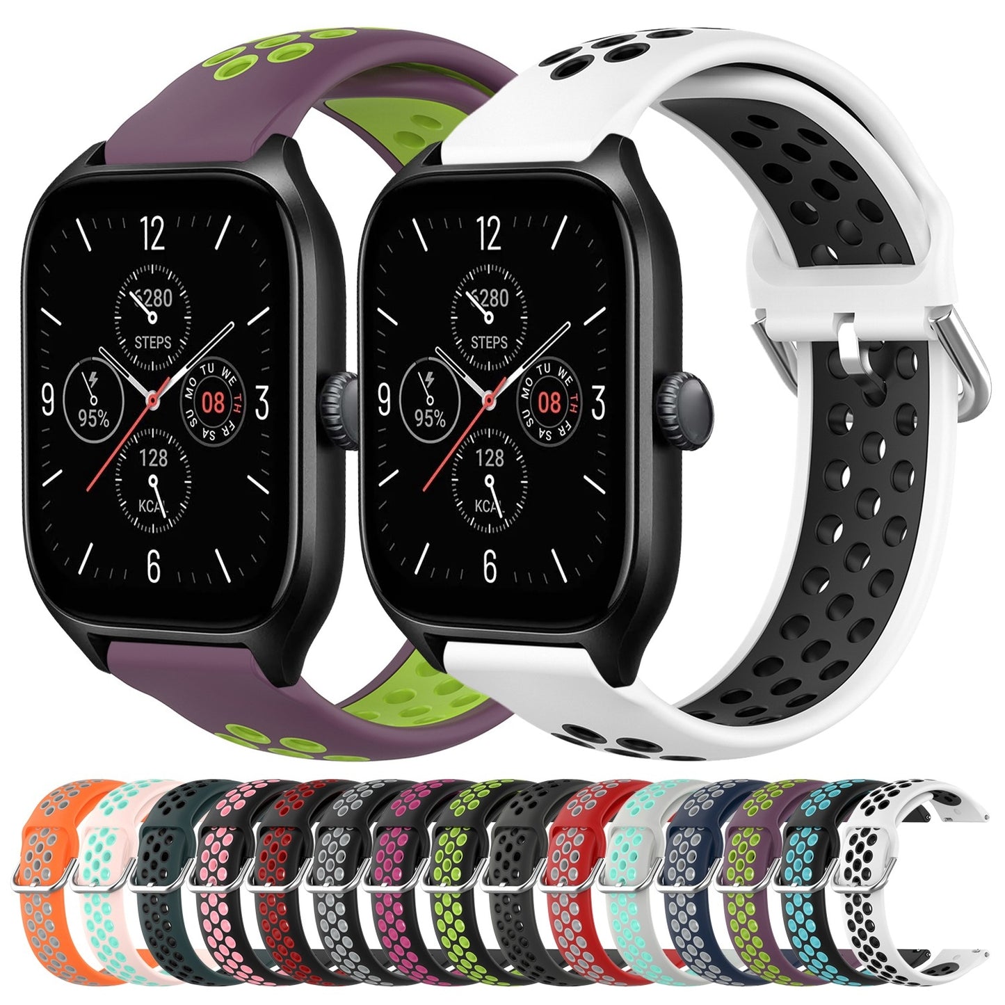 For-Amazfit-GTS-4-20mm-Perforated-Breathable-Sports-Silicone-Watch-Band(Olive-Green+Black)