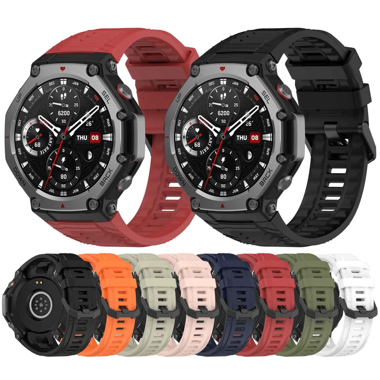 For-Amazfit-T-Rex-3-Solid-Color-Needle-Buckle-Silicone-Watch-Band(Red)