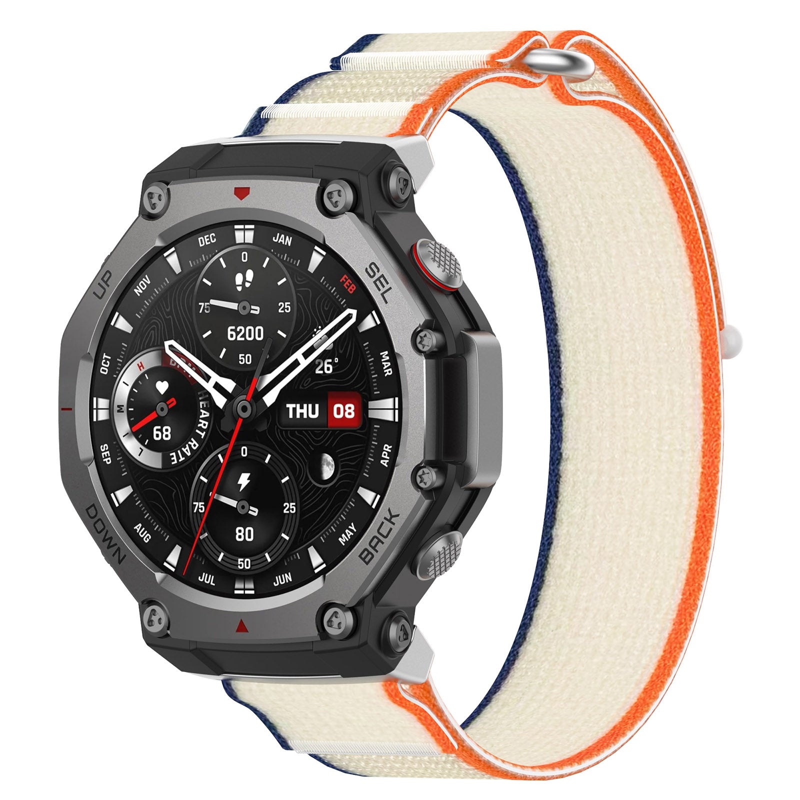 For-Amazfit-T-Rex-3-Two-Tone-Nylon-Hook-and-Loop-Fastener-Watch-Band(Orange-Beige)