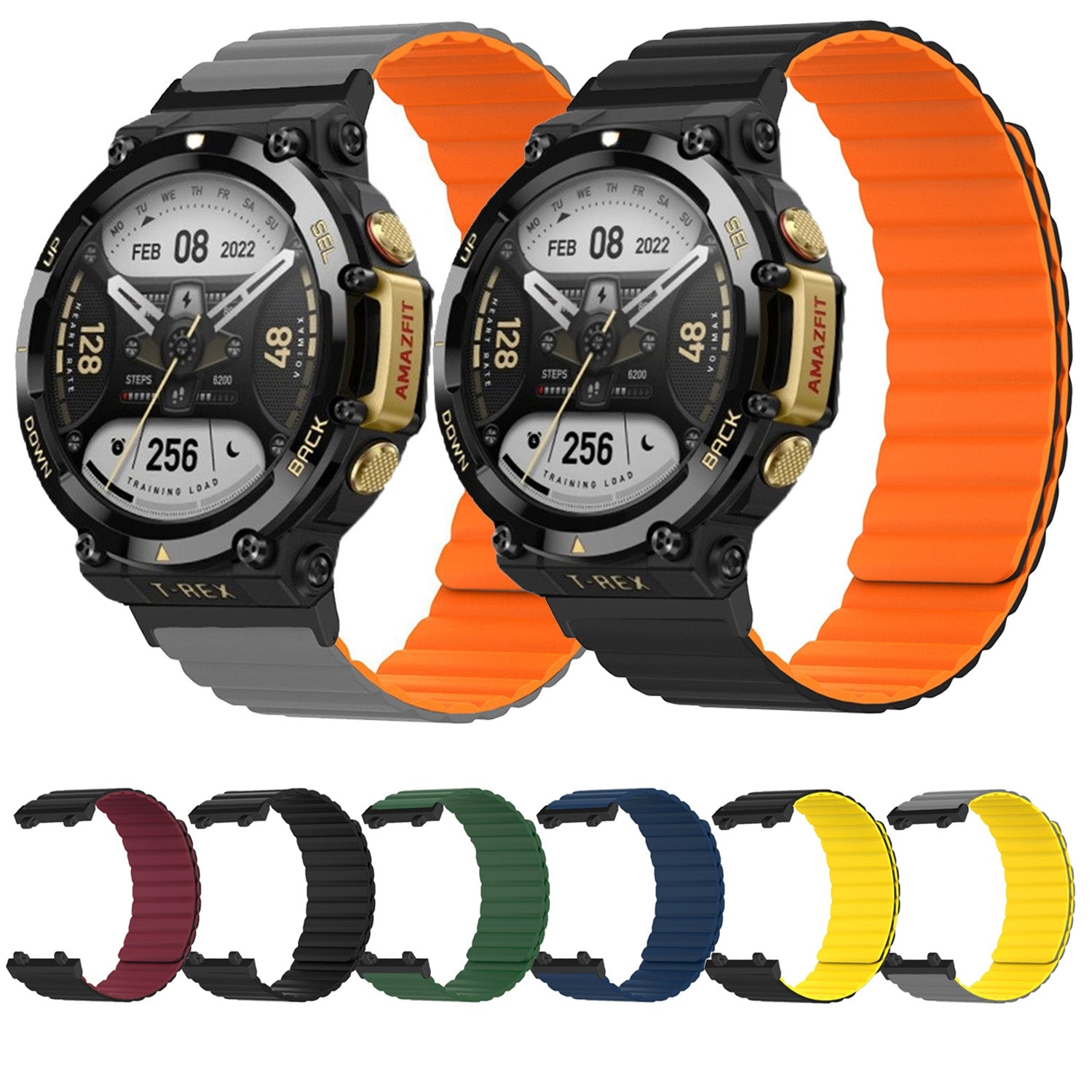 For-Amazfit-T-Rex-2-Silicone-Magnetic-Dual-color-Watch-Band(Black-Orange)