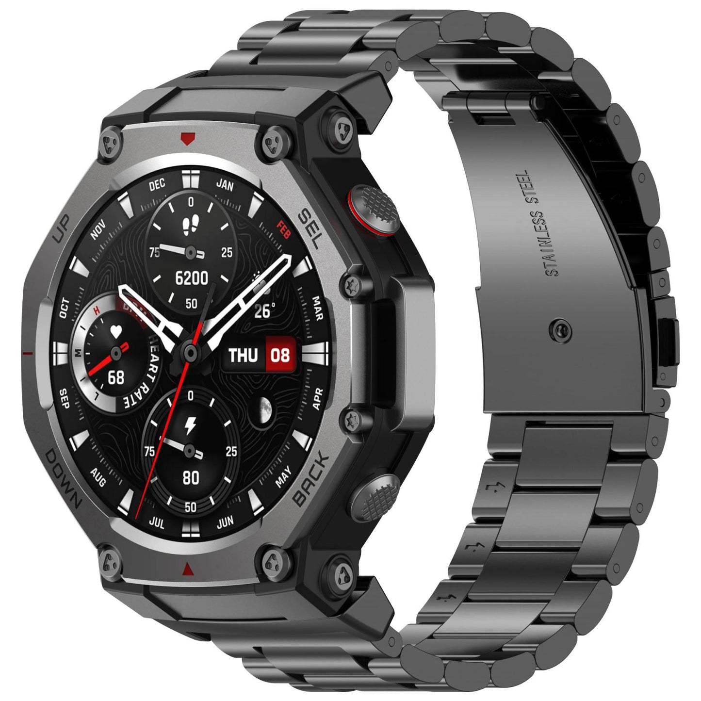 For-Amazfit-T-REX-3-Three-Beads-Stainless-Steel-Metal-Watch-Band(Black)