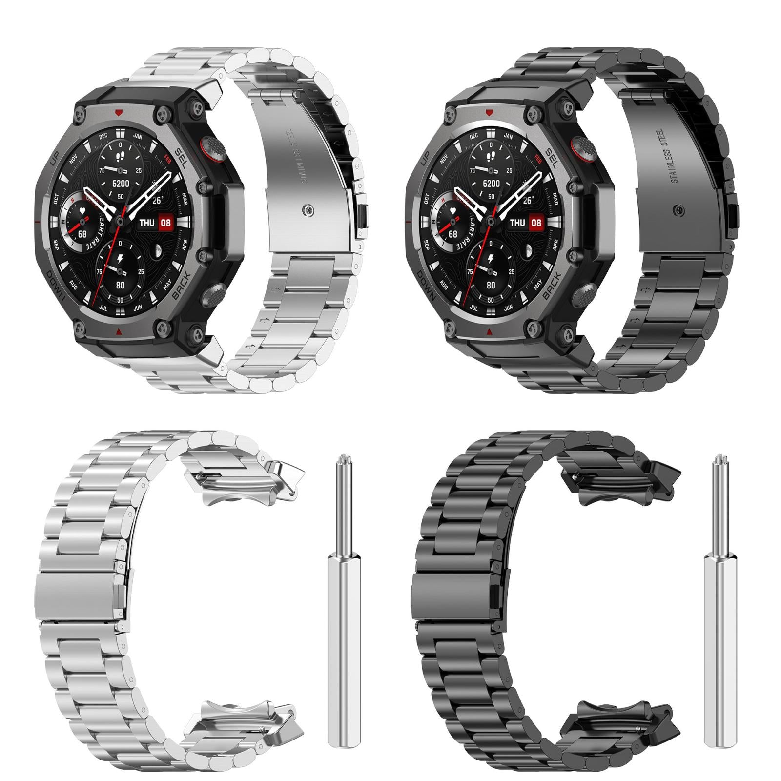 For-Amazfit-T-REX-3-Three-Beads-Stainless-Steel-Metal-Watch-Band(Black)