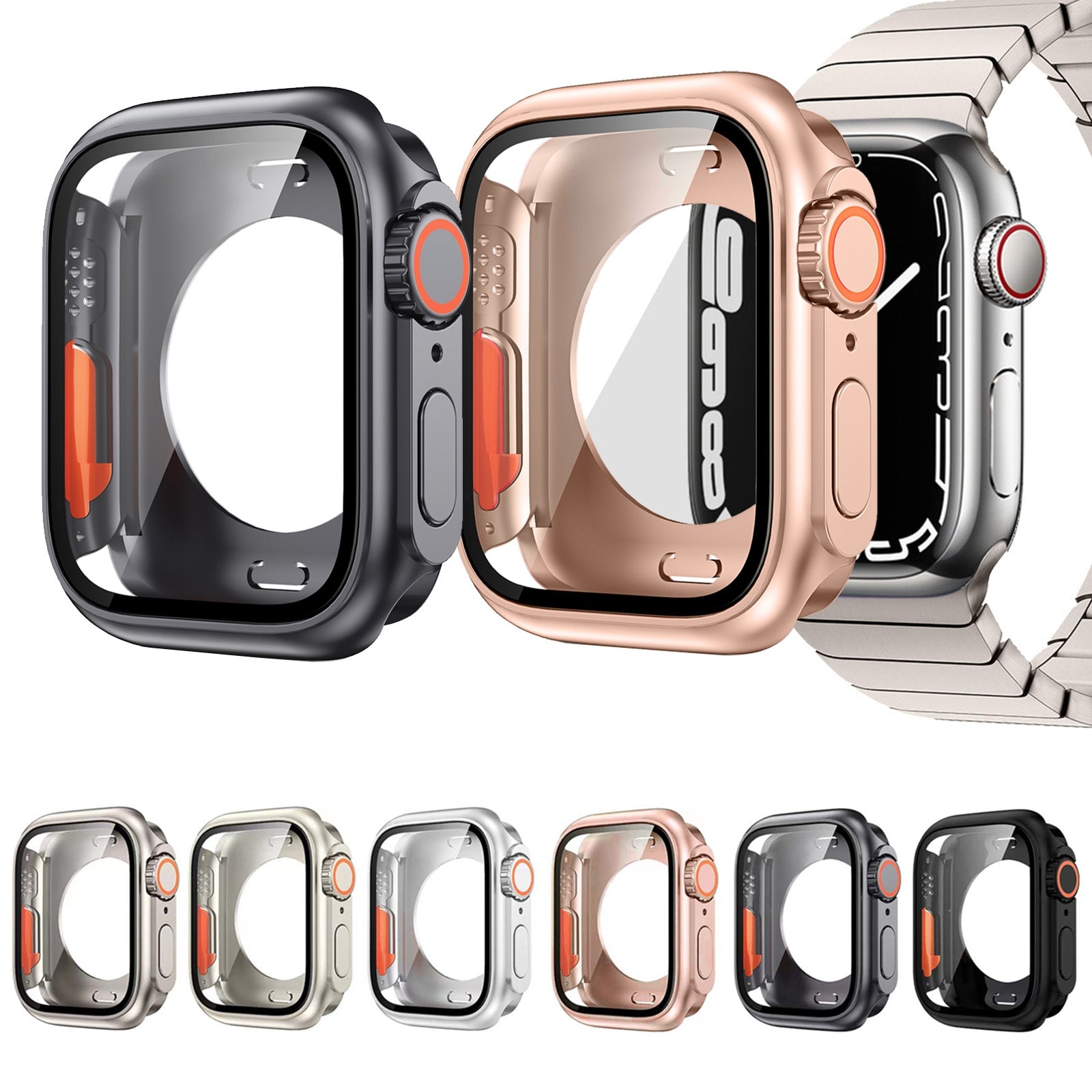 For-Apple-Watch-Series-9-/-8-/-7-45mm-Change-to-Ultra-49mm-All-Inclusive-Film-Hybrid-PC-Watch-Case(Titanium-Gold)