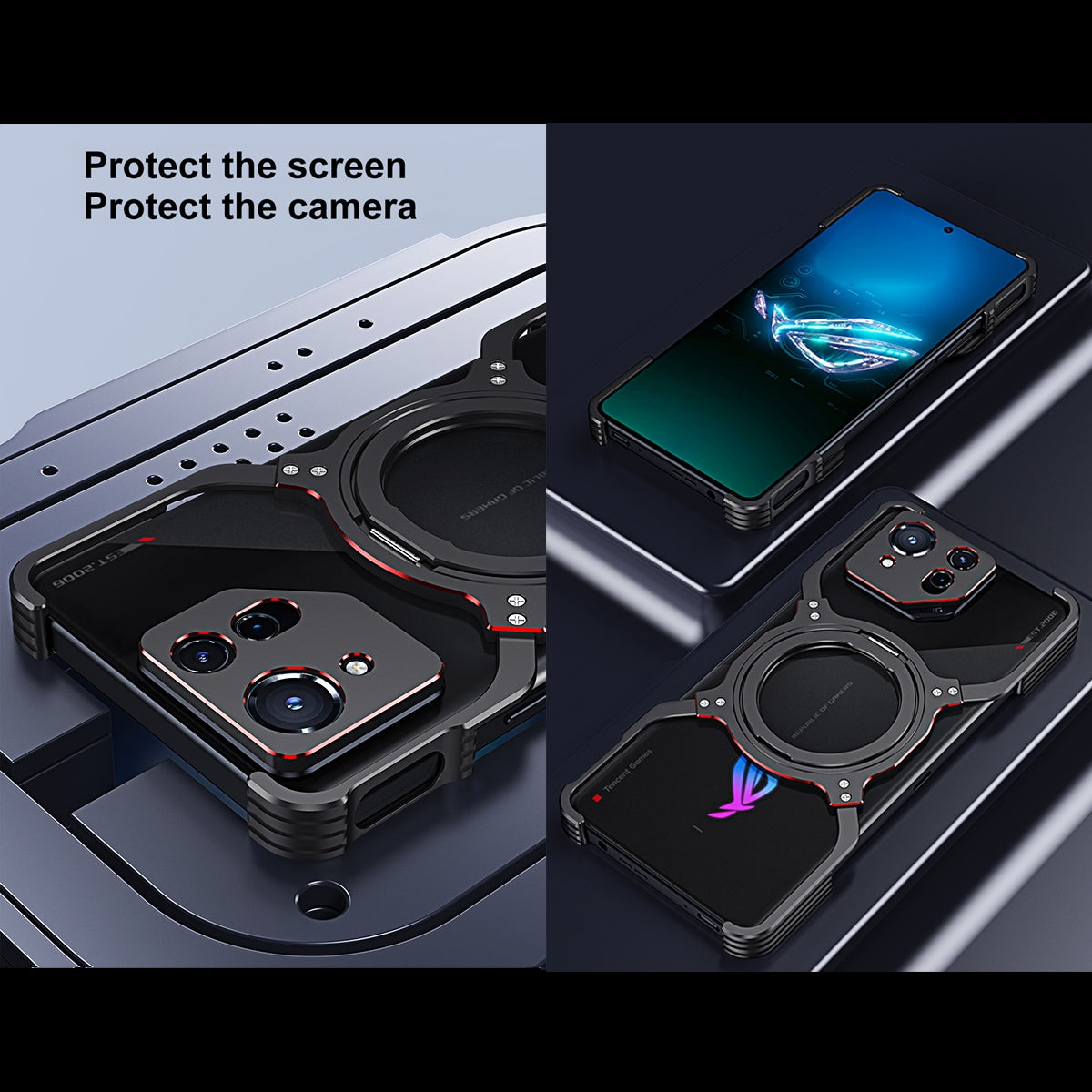 For-Asus-ROG-Phone-8-/-8-Pro-Mechanical-Arm-Borderless-MagSafe-Holder-Metal-Phone-Case(Black-Red)