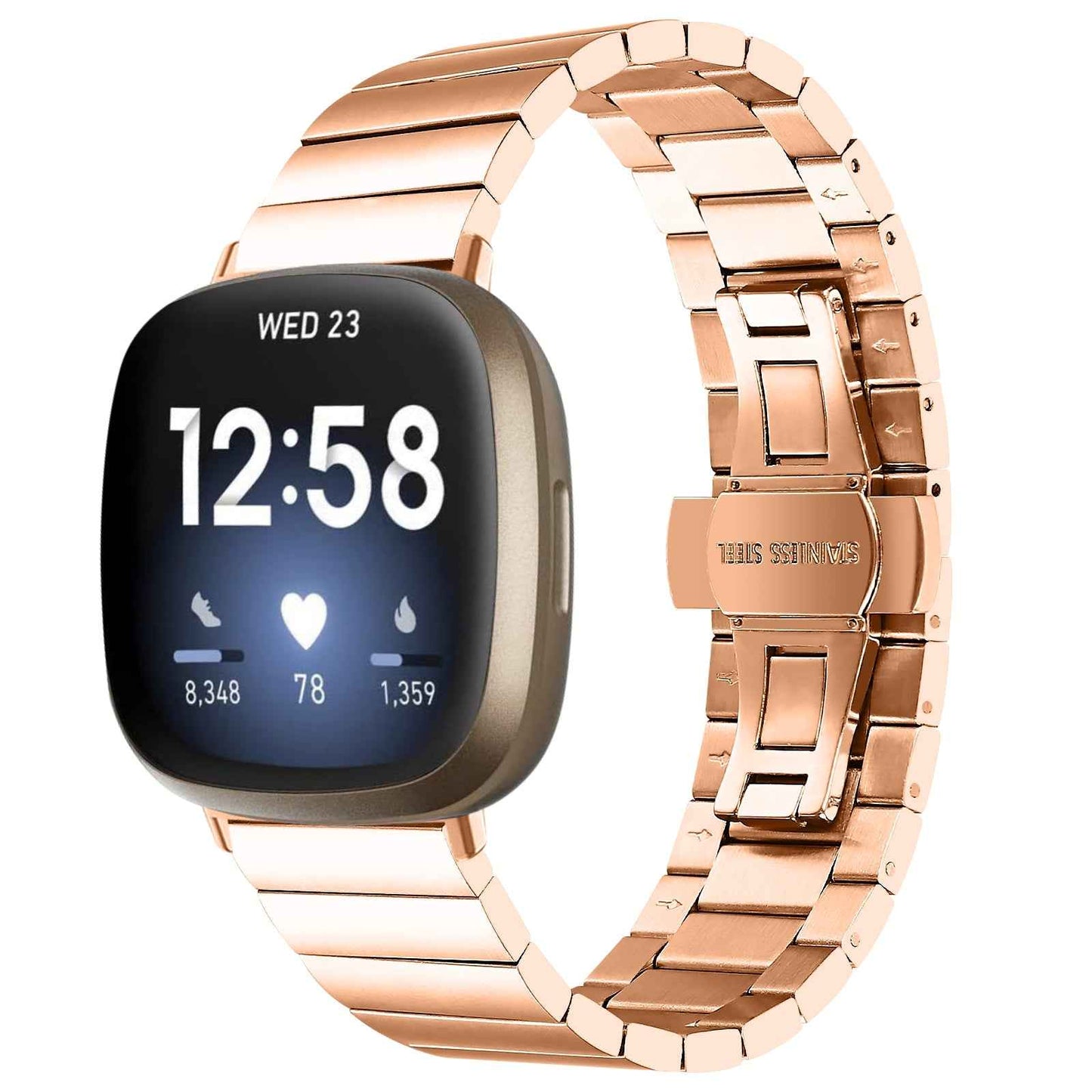 For-Fitbit-Versa-4-/-Sense-2-Universal-Butterfly-Buckle-Metal-Watch-Band(Rose-Gold)