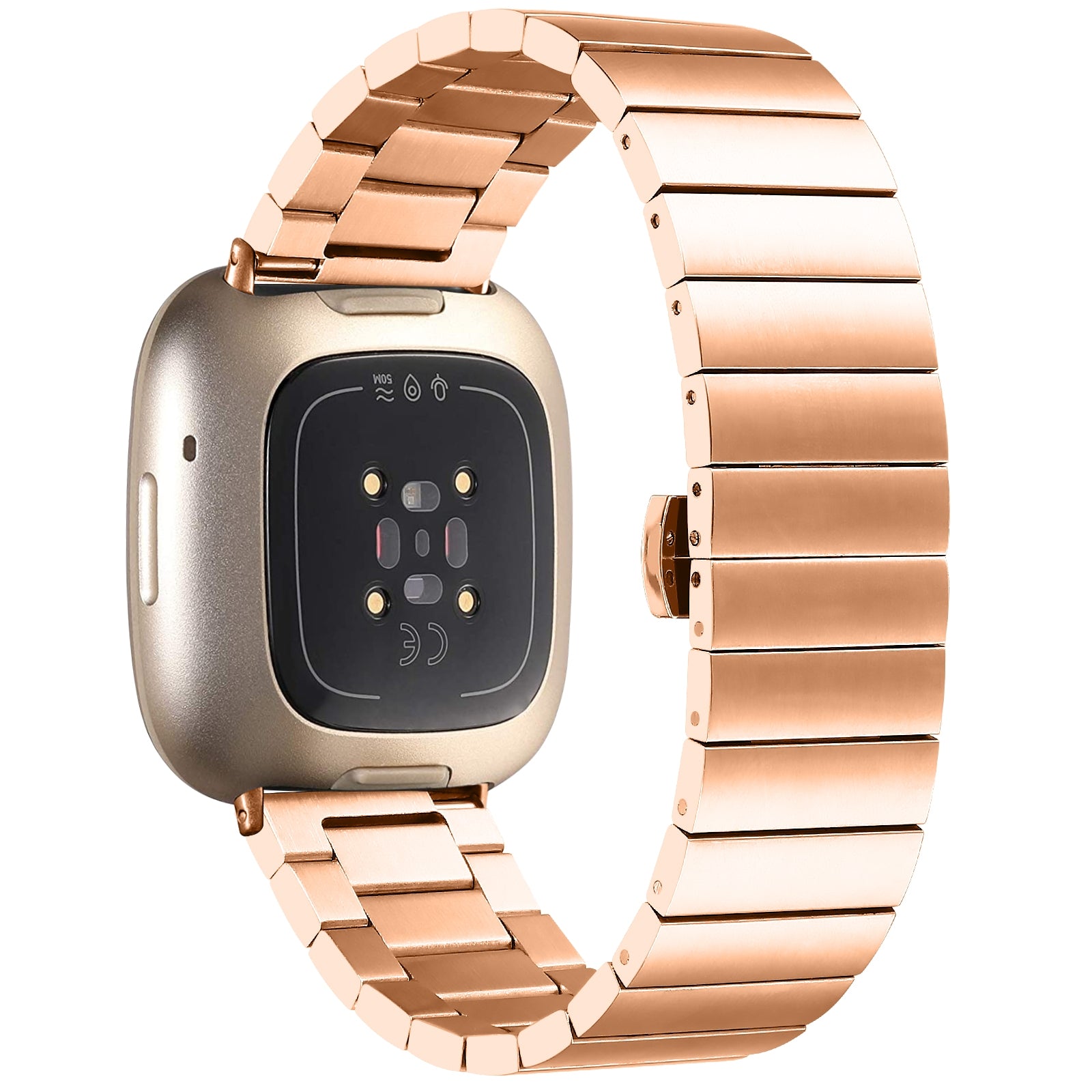 For-Fitbit-Versa-4-/-Sense-2-Universal-Butterfly-Buckle-Metal-Watch-Band(Rose-Gold)