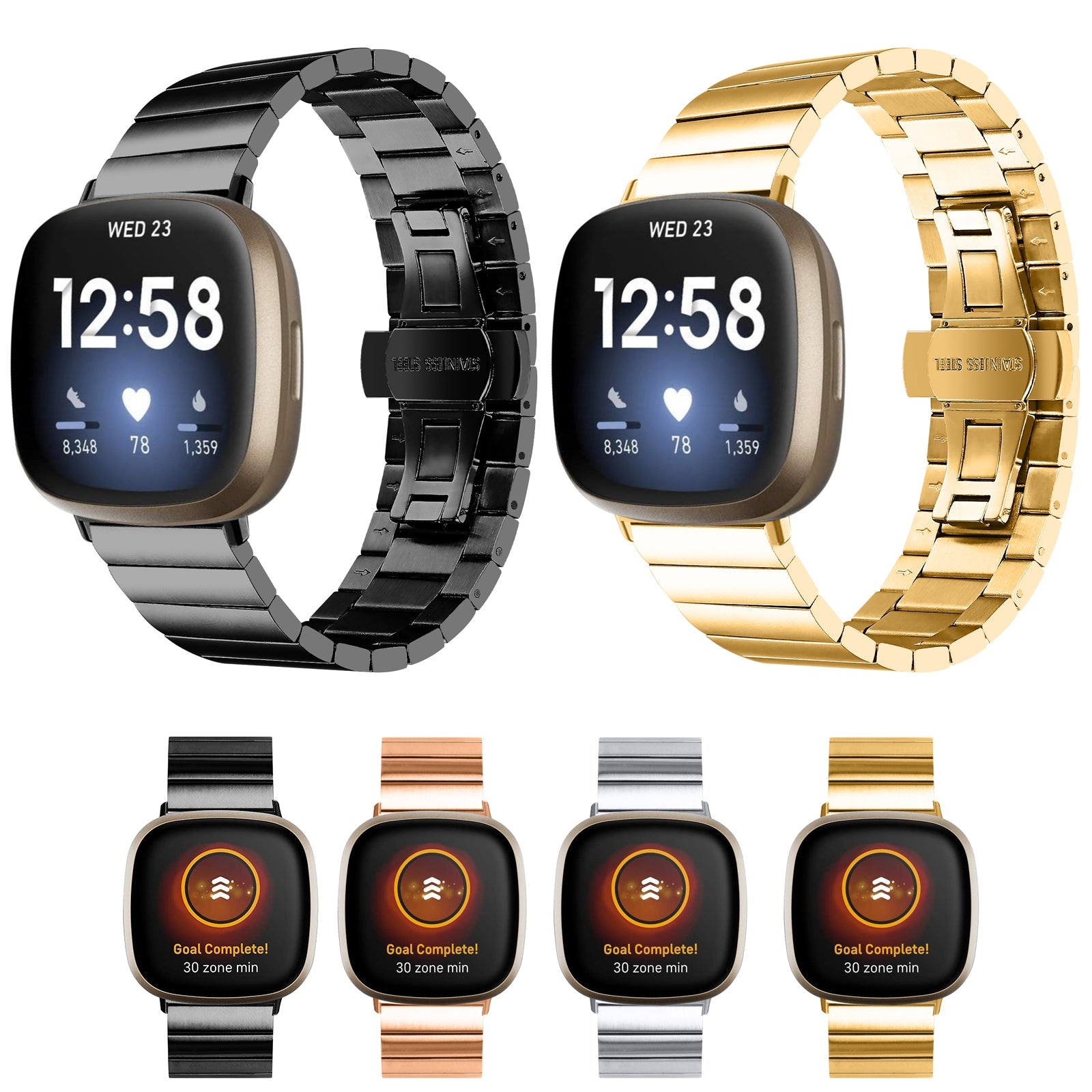 For-Fitbit-Versa-4-/-Sense-2-Universal-Butterfly-Buckle-Metal-Watch-Band(Rose-Gold)