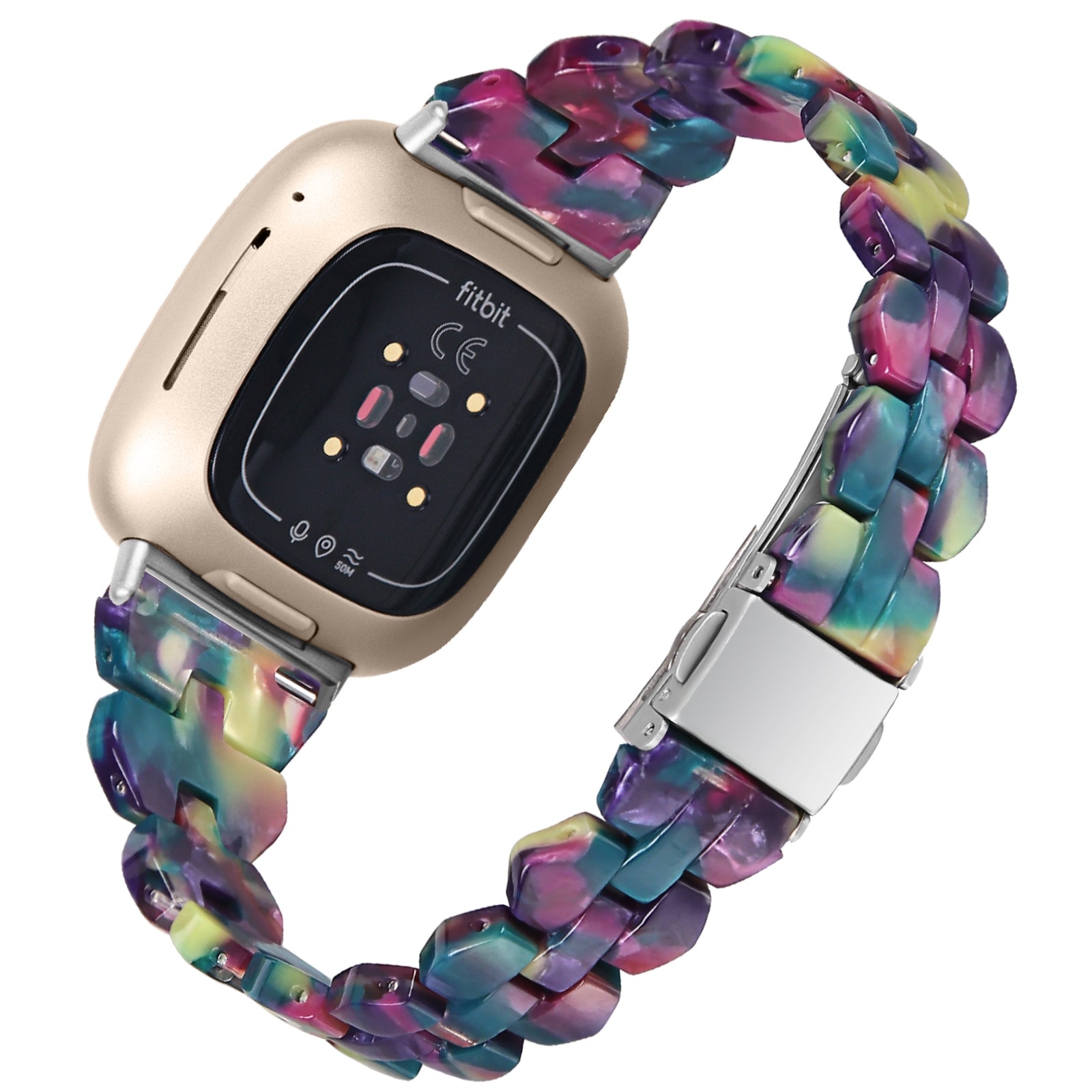 For-Fitbit-Versa-4-/-Sense-2-Universal-Rhombus-Resin-Watch-Band(Purple-Green-Flower)