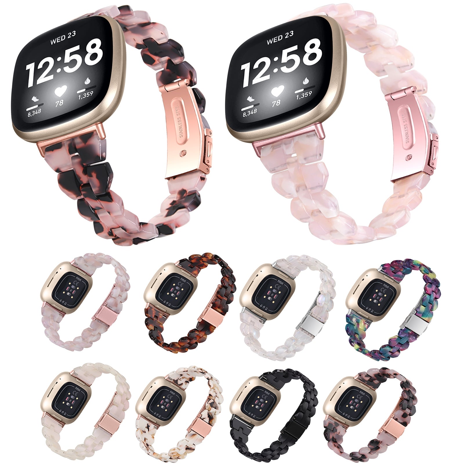 For-Fitbit-Versa-4-/-Sense-2-Universal-Rhombus-Resin-Watch-Band(Purple-Green-Flower)