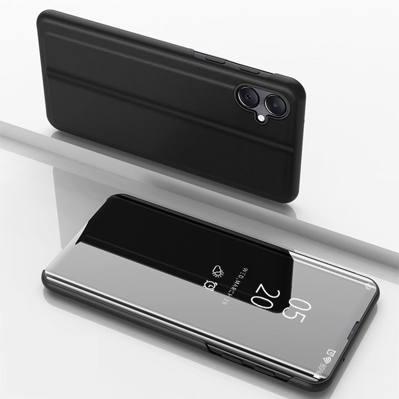 For-Galaxy-A06-4G-Plated-Mirror-Horizontal-Flip-Leather-Phone-Case-with-Holder(Black)