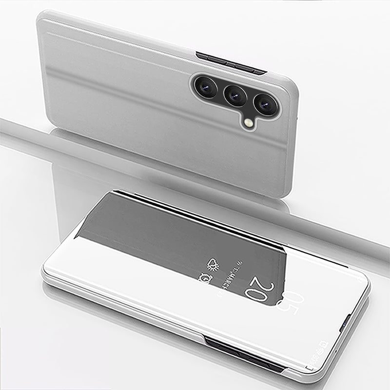 Flip-Leather-Phone-Case-for-Samsung-Galaxy-M34-5G-with-Mirror-Holder,-Silver