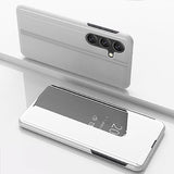 Flip-Leather-Phone-Case-for-Samsung-Galaxy-M34-5G-with-Mirror-Holder,-Silver