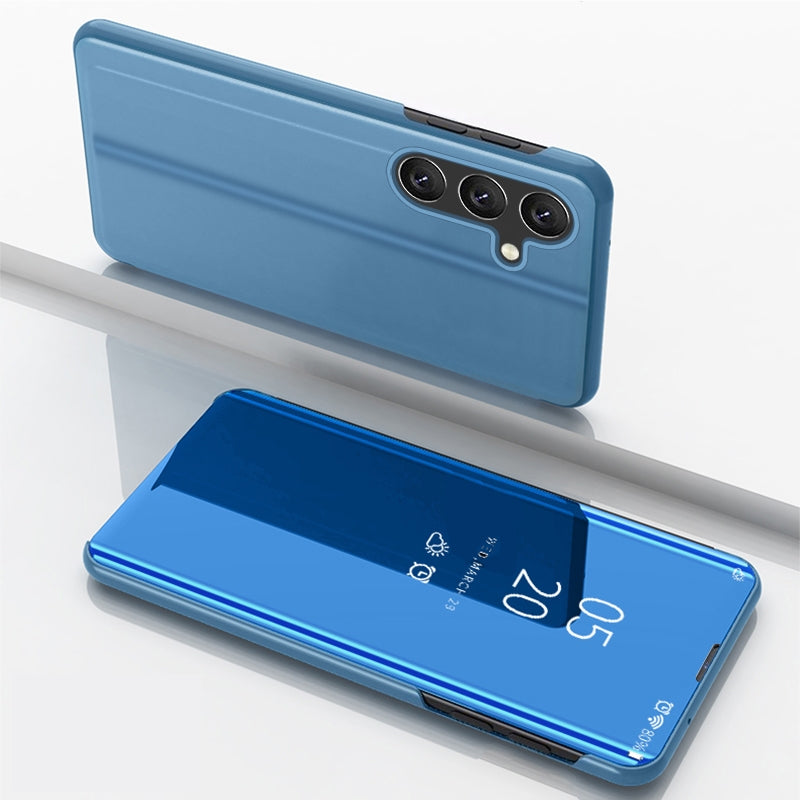 For-Galaxy-M34-5G-Plated-Mirror-Horizontal-Flip-Leather-Phone-Case-with-Holder(Blue)