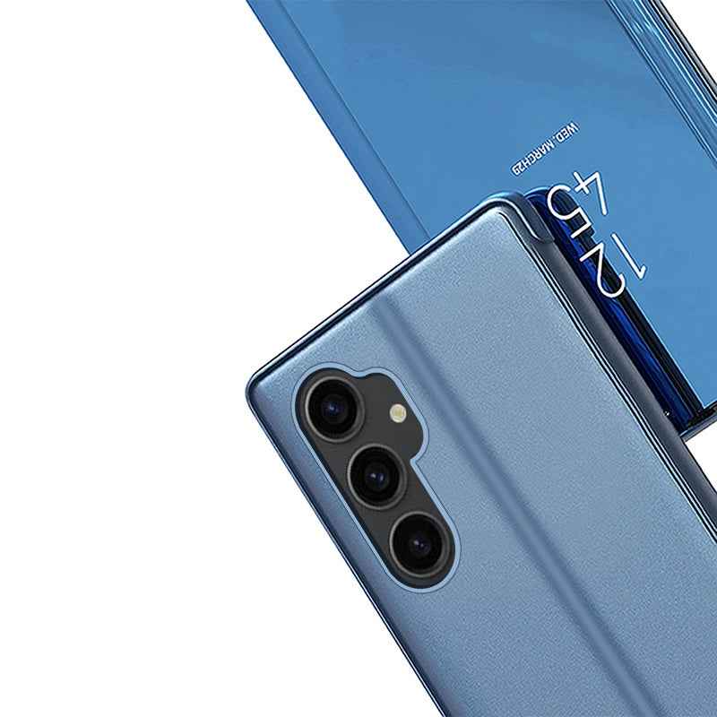 For-Galaxy-M34-5G-Plated-Mirror-Horizontal-Flip-Leather-Phone-Case-with-Holder(Blue)