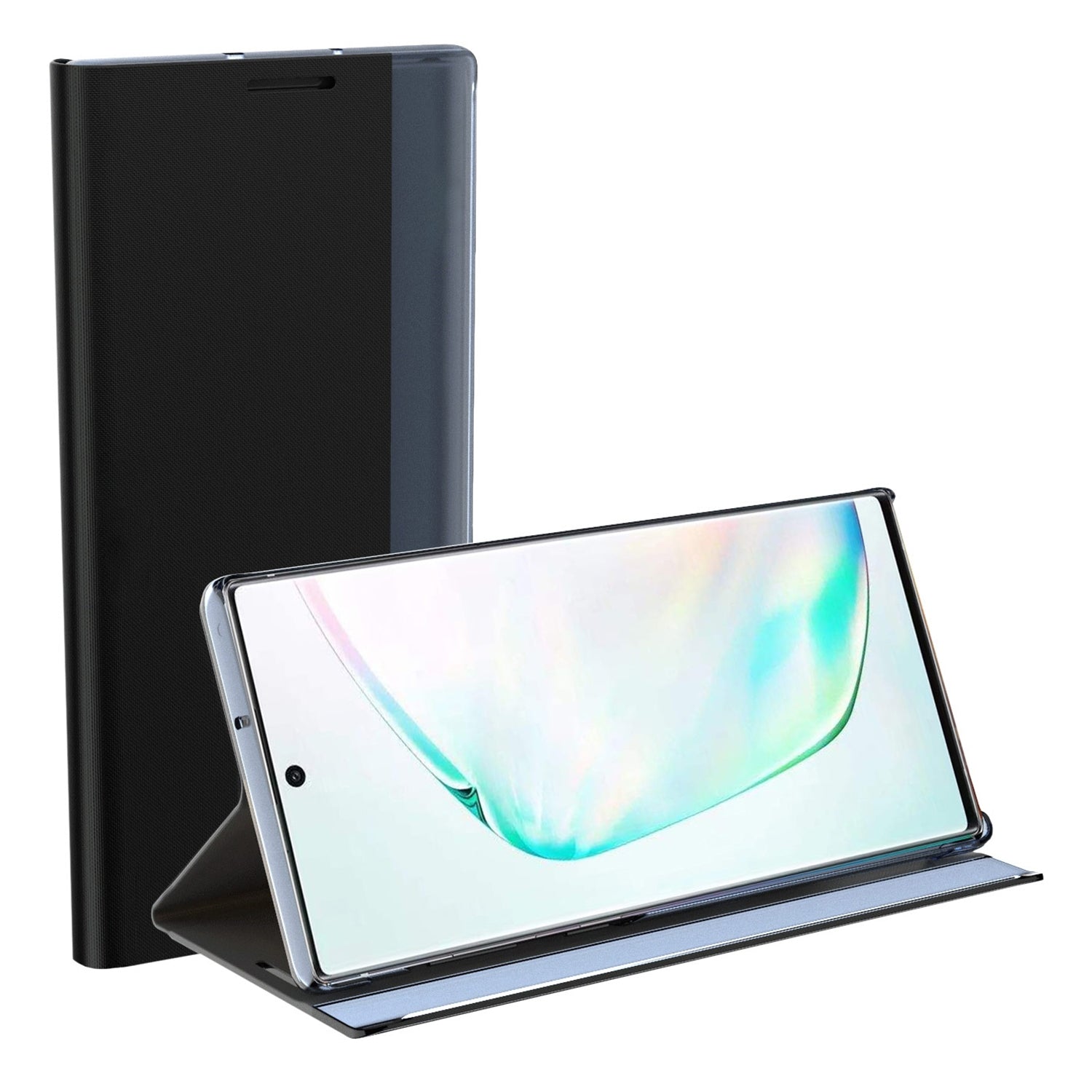For-Galaxy-Note-10-Plus-Plain-Texture-Cloth-Attraction-Flip-Holder-Leather-Phone-Case(Black)
