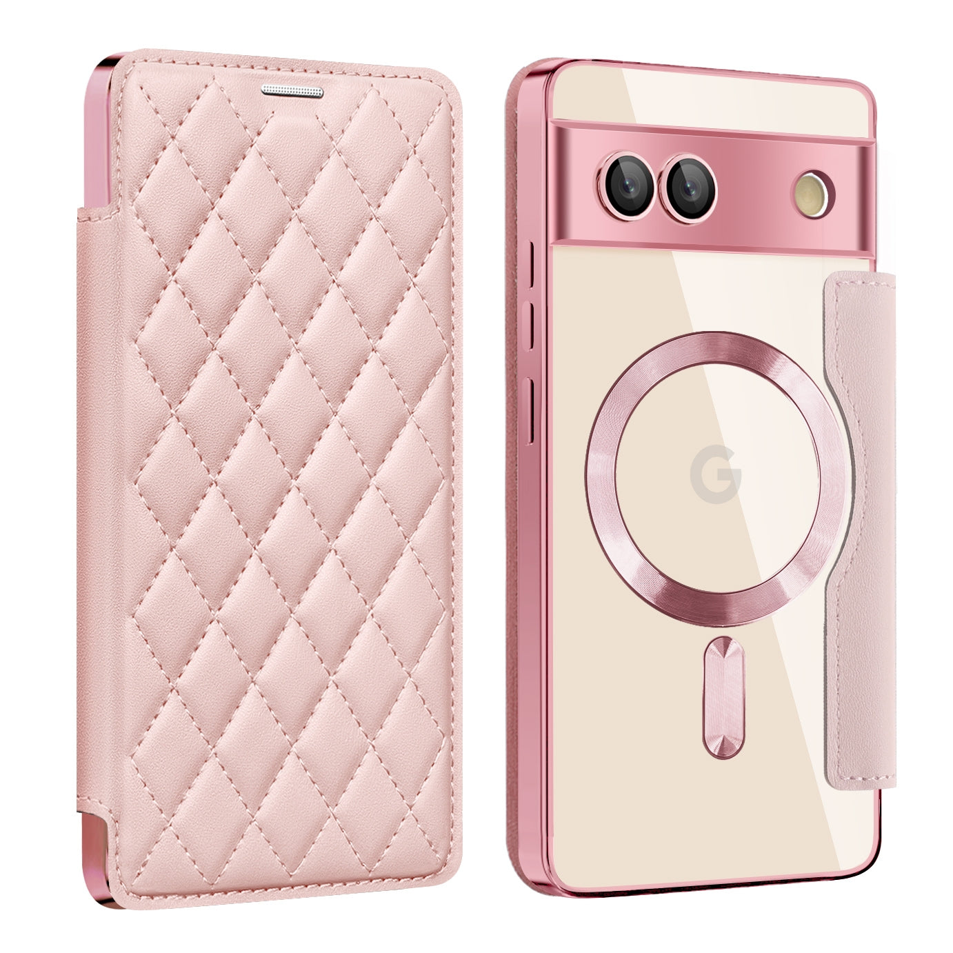 For-Google-Pixel-7a-Shield-Magsafe-RFID-Anti-theft-Rhombus-Leather-Phone-Case(Pink)