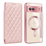 For-Google-Pixel-7a-Shield-Magsafe-RFID-Anti-theft-Rhombus-Leather-Phone-Case(Pink)