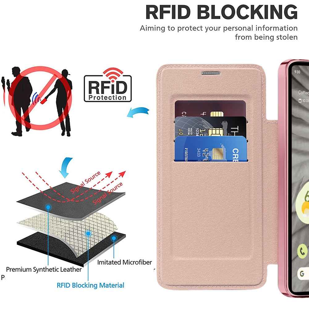 For-Google-Pixel-7a-Shield-Magsafe-RFID-Anti-theft-Rhombus-Leather-Phone-Case(Pink)