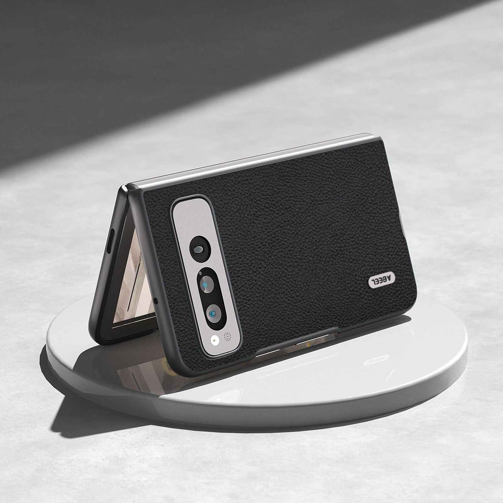 For-Google-Pixel-Fold-ABEEL-Genuine-Leather-+-PC-Litchi-Texture-Phone-Case(Black)
