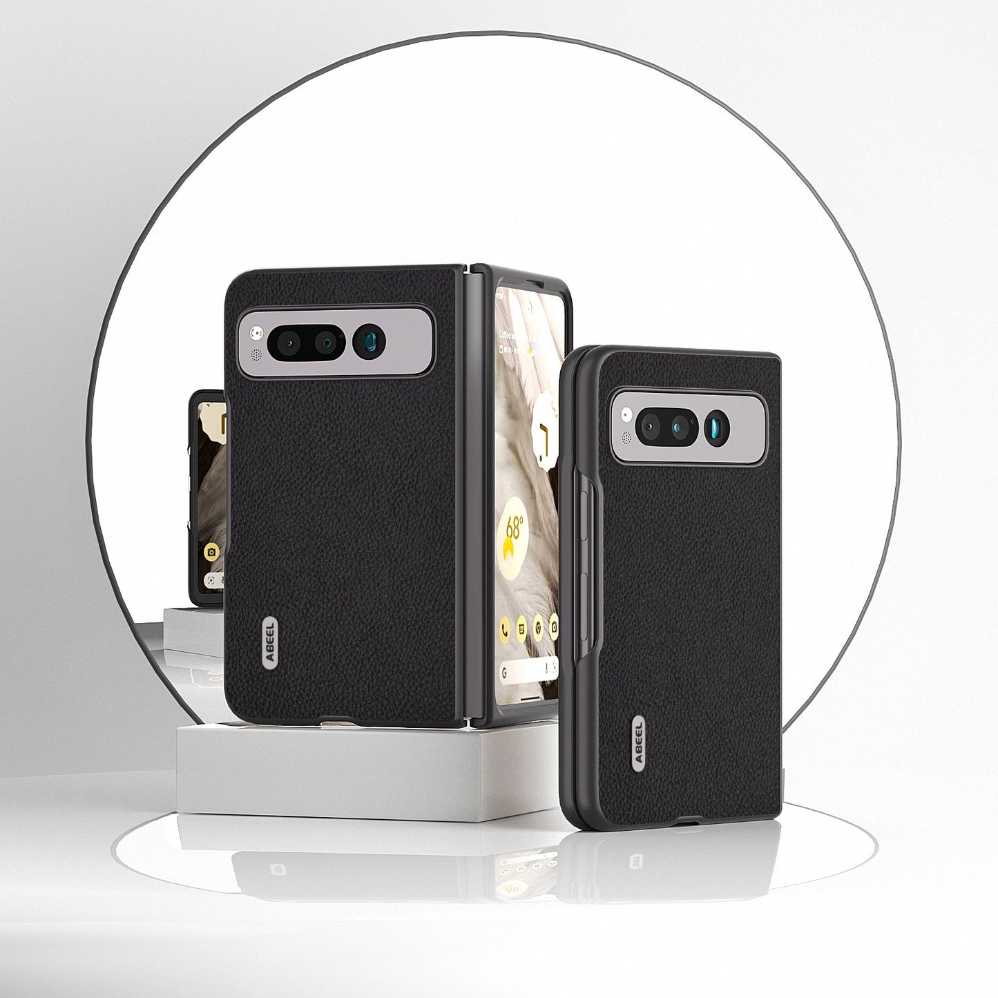 For-Google-Pixel-Fold-ABEEL-Genuine-Leather-+-PC-Litchi-Texture-Phone-Case(Black)