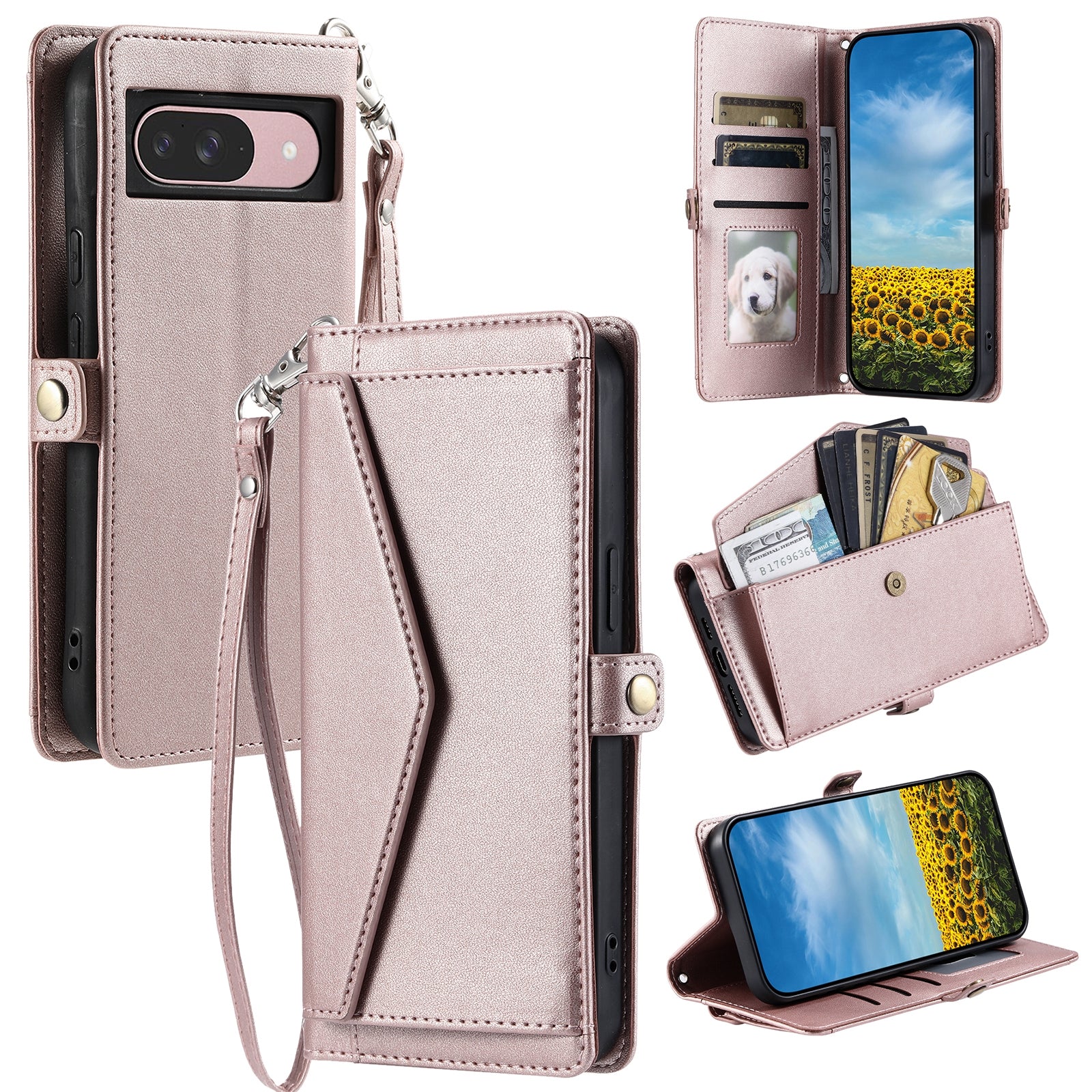 For-Google-Pixel-9-/-9-Pro-Wallet-Multi-card-Slot-Leather-Phone-Case-with-Lanyard(Rose-Gold)