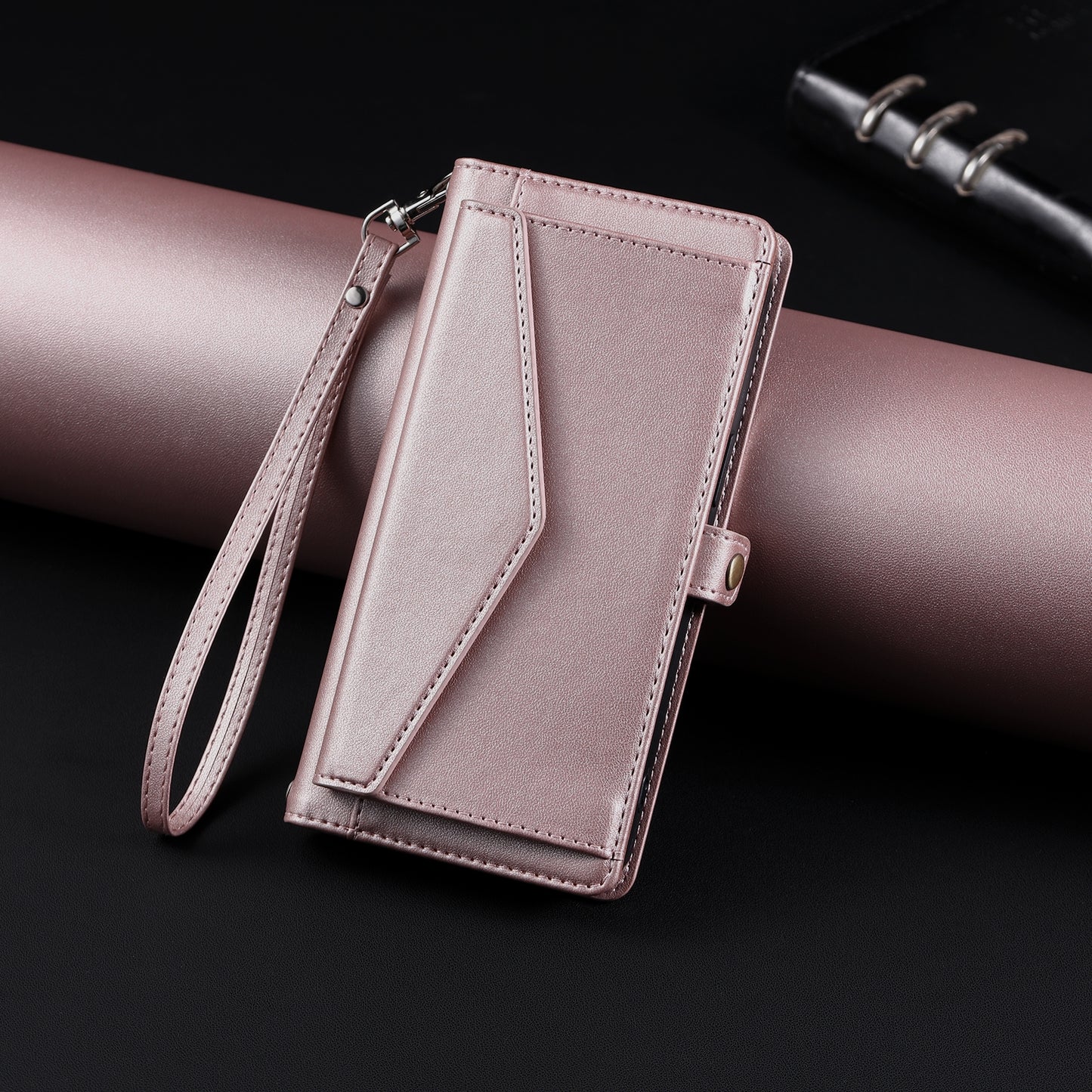 For-Google-Pixel-9-/-9-Pro-Wallet-Multi-card-Slot-Leather-Phone-Case-with-Lanyard(Rose-Gold)