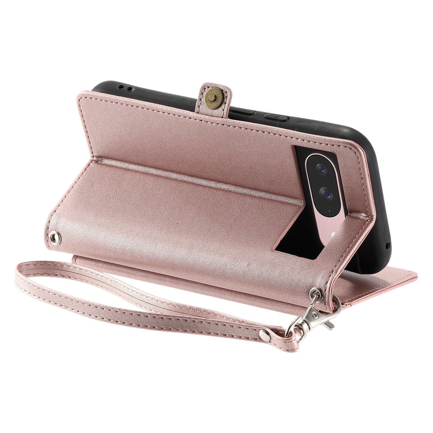 For-Google-Pixel-9-/-9-Pro-Wallet-Multi-card-Slot-Leather-Phone-Case-with-Lanyard(Rose-Gold)