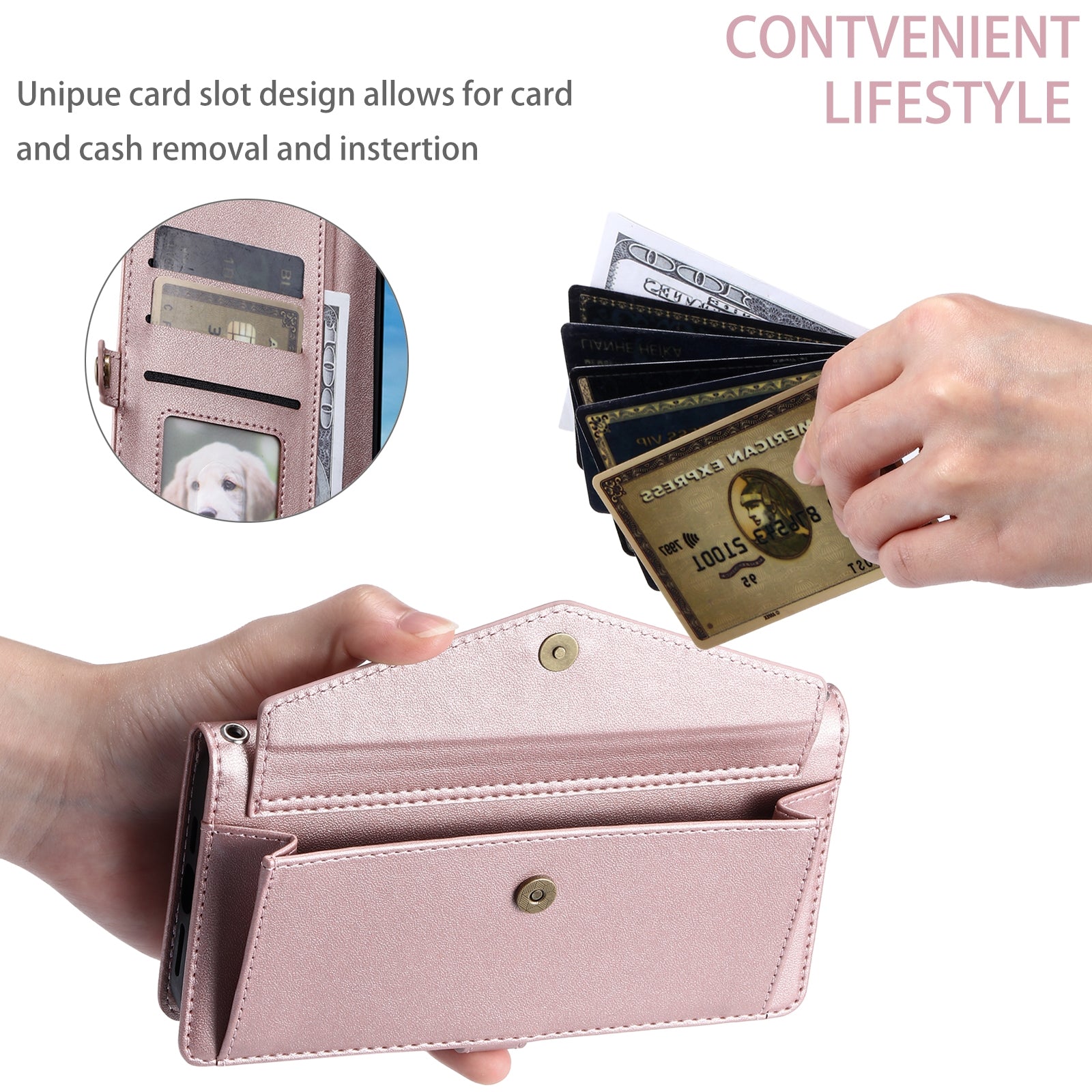For-Google-Pixel-9-/-9-Pro-Wallet-Multi-card-Slot-Leather-Phone-Case-with-Lanyard(Rose-Gold)