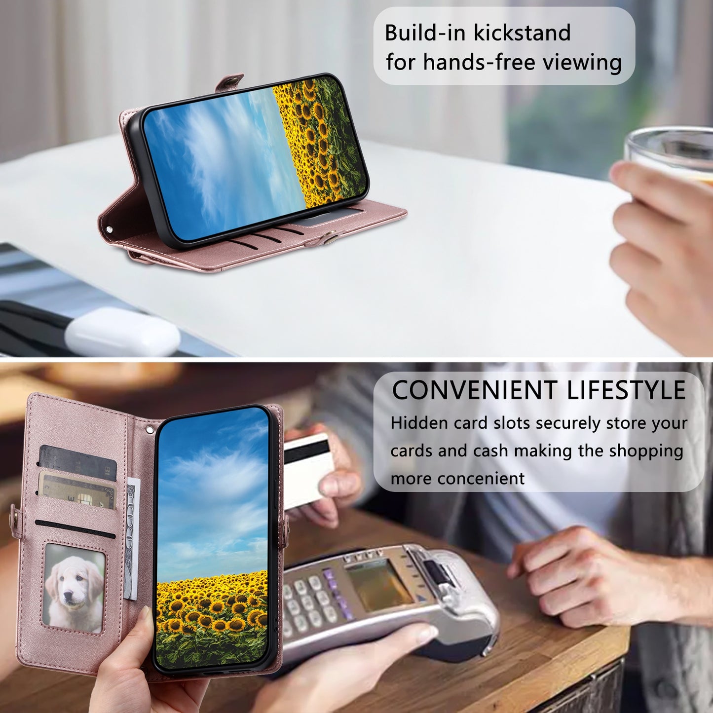 For-Google-Pixel-9-/-9-Pro-Wallet-Multi-card-Slot-Leather-Phone-Case-with-Lanyard(Rose-Gold)