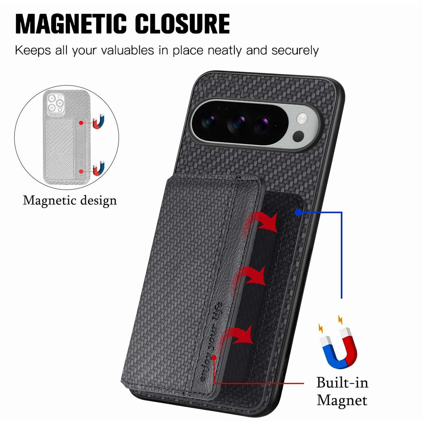 For-Google-Pixel-9-Pro-XL-Carbon-Fiber-Magnetic-Card-Bag-Phone-Case(Black)