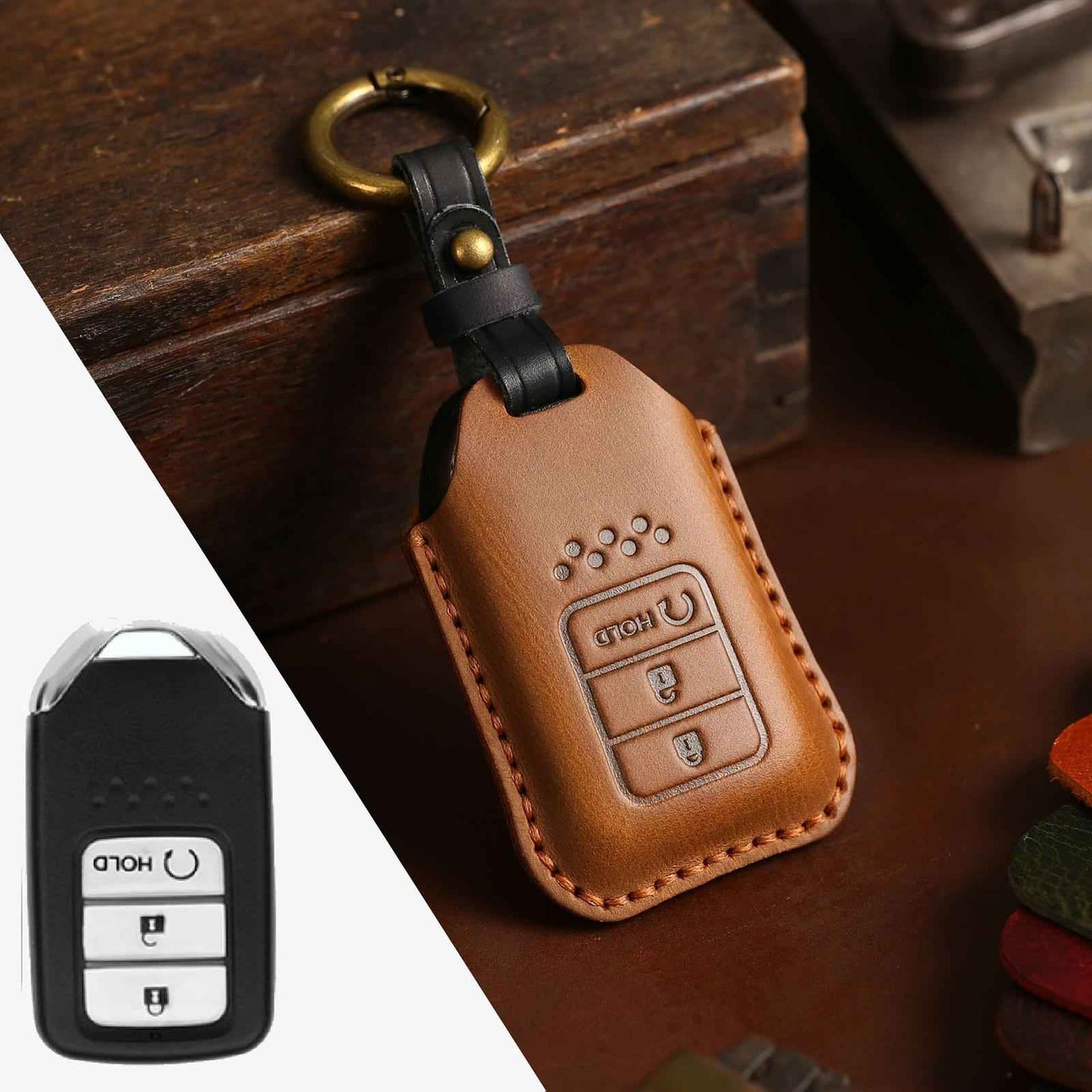 For-Honda-Car-Cowhide-Leather-Key-Protective-Cover-Key-Case,-Three-Keys-Start-Version-(Brown)