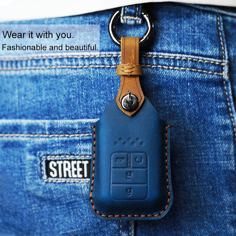 For-Honda-Car-Cowhide-Leather-Key-Protective-Cover-Key-Case,-Three-Keys-Start-Version-(Brown)