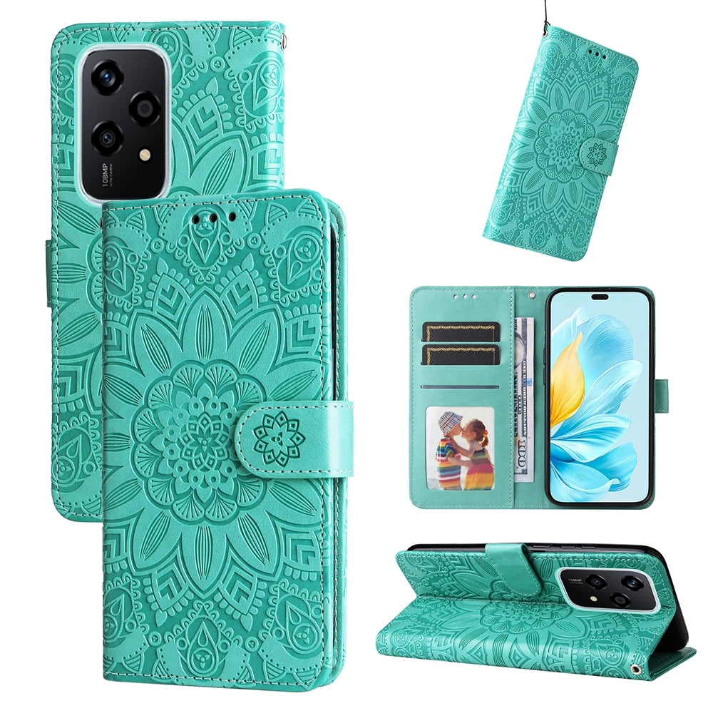 For-Honor-200-Lite-Global-Embossed-Sunflower-Leather-Phone-Case(Green)